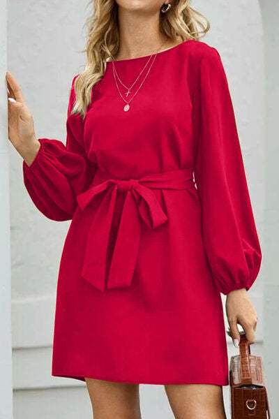 Tied Boat Neck Balloon Sleeve Mini Dress - Trendsi - Flyclothing LLC