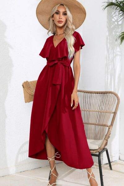 Ruffled Tied V-Neck Midi Dress - Trendsi - Flyclothing LLC