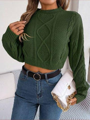 Cable-Knit Round Neck Cropped Sweater - Trendsi