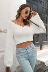 Cropped V-Neck Flare Sleeve Knit Top - Trendsi - Flyclothing LLC