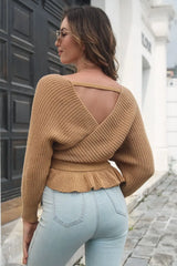 Tie Waist Ruffle Hem Sweater - Trendsi - Flyclothing LLC
