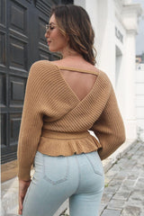 Tie Waist Ruffle Hem Sweater - Trendsi