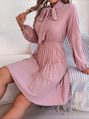 Tie Neck Balloon Sleeve Pleated Dress - Trendsi