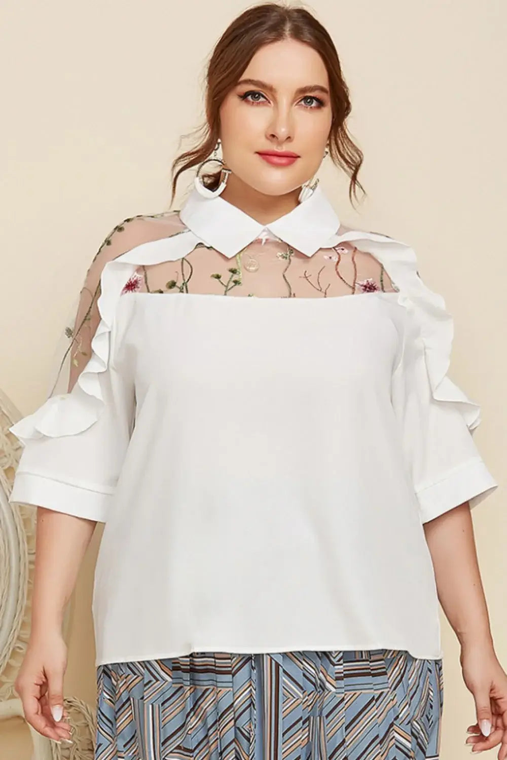 Plus Size Embroidered Ruffle Trim Collared Half Sleeve Blouse - Trendsi - Flyclothing LLC