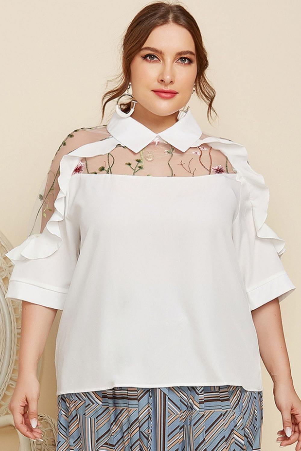 Plus Size Embroidered Ruffle Trim Collared Half Sleeve Blouse - Trendsi