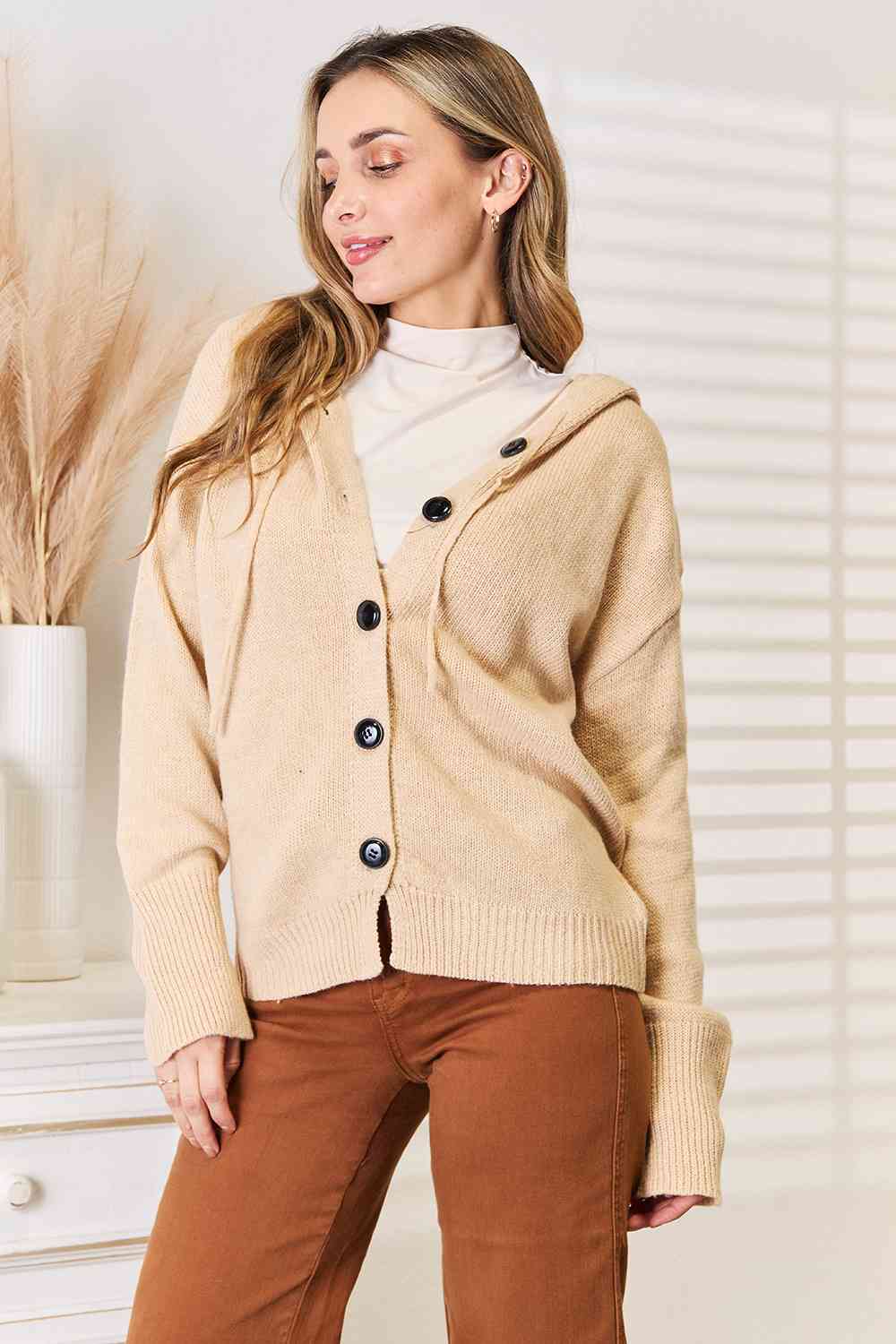 Woven Right Button-Down Long Sleeve Hooded Sweater - Trendsi - Flyclothing LLC