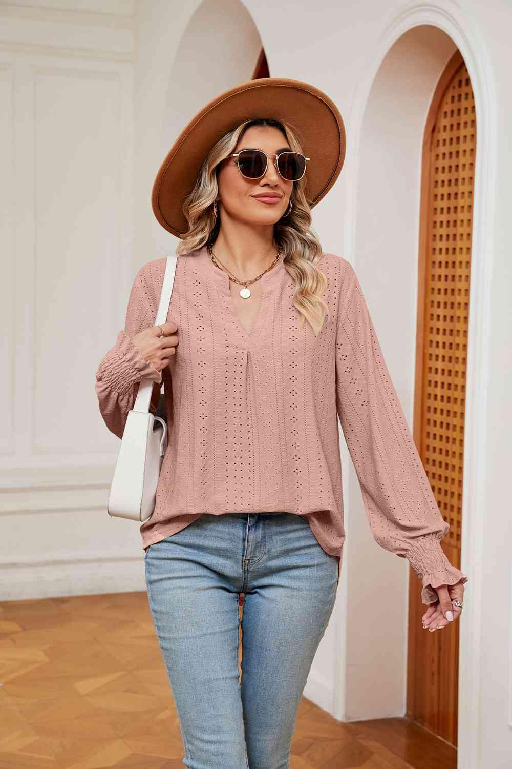 Notched Neck Flounce Sleeve Blouse - Trendsi