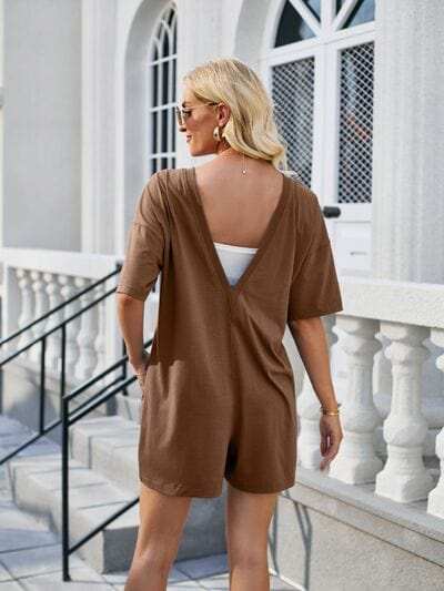 Backless Pocketed Round Neck Half Sleeve Romper - Trendsi - Flyclothing LLC