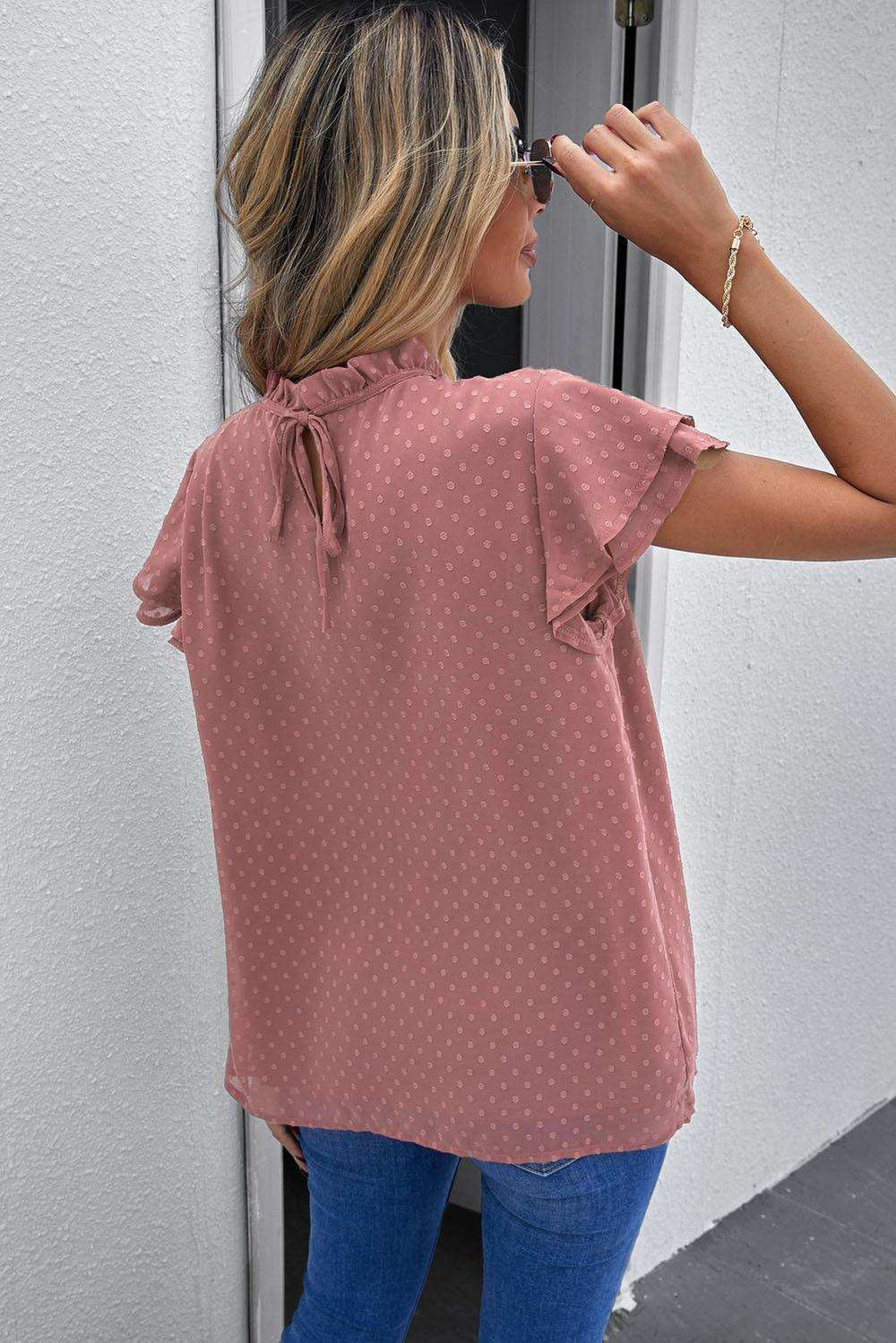 Polka Dot Smocked Flutter Sleeve Blouse - Trendsi - Flyclothing LLC