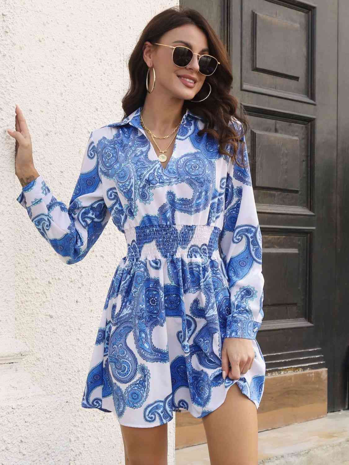Paisley Print Johnny Collar Smocked Dress - Trendsi - Flyclothing LLC