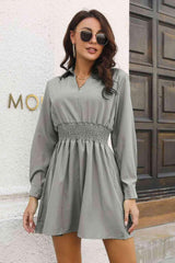 Johnny Collar Smocked Waist Long Sleeve Mini Dress - Trendsi