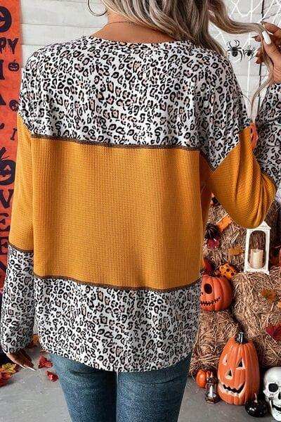Leopard Waffle-knit Long Sleeve T-Shirt - Trendsi - Flyclothing LLC