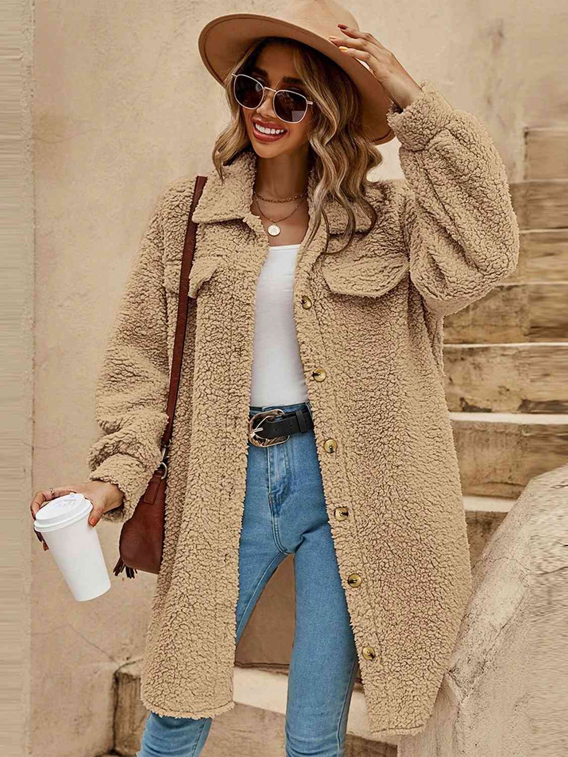 Collared Button Down Coat - Trendsi - Flyclothing LLC