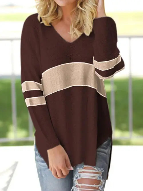 Striped V-Neck Long Sleeve Sweater - Trendsi - Flyclothing LLC