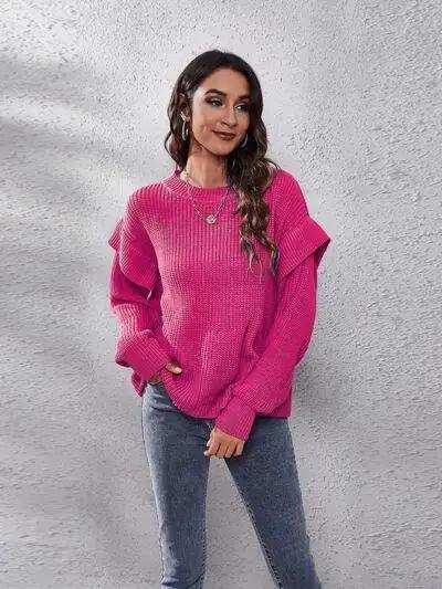 Ruffled Round Neck Dropped Shoulder Sweater - Trendsi - Flyclothing LLC