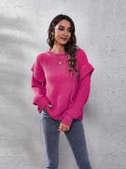 Ruffled Round Neck Dropped Shoulder Sweater - Trendsi