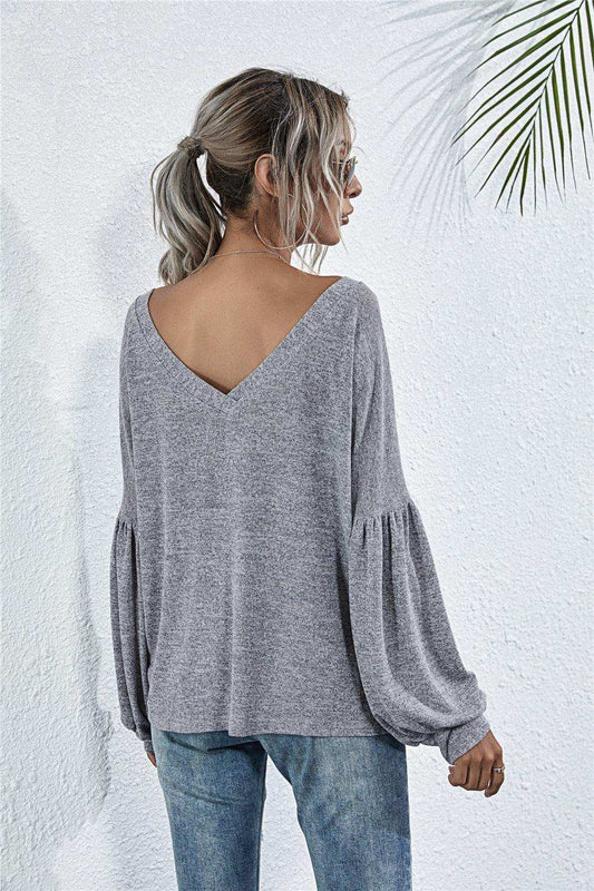 V-Neck Long Sleeve Dropped Shoulder Knit Top - Trendsi - Flyclothing LLC