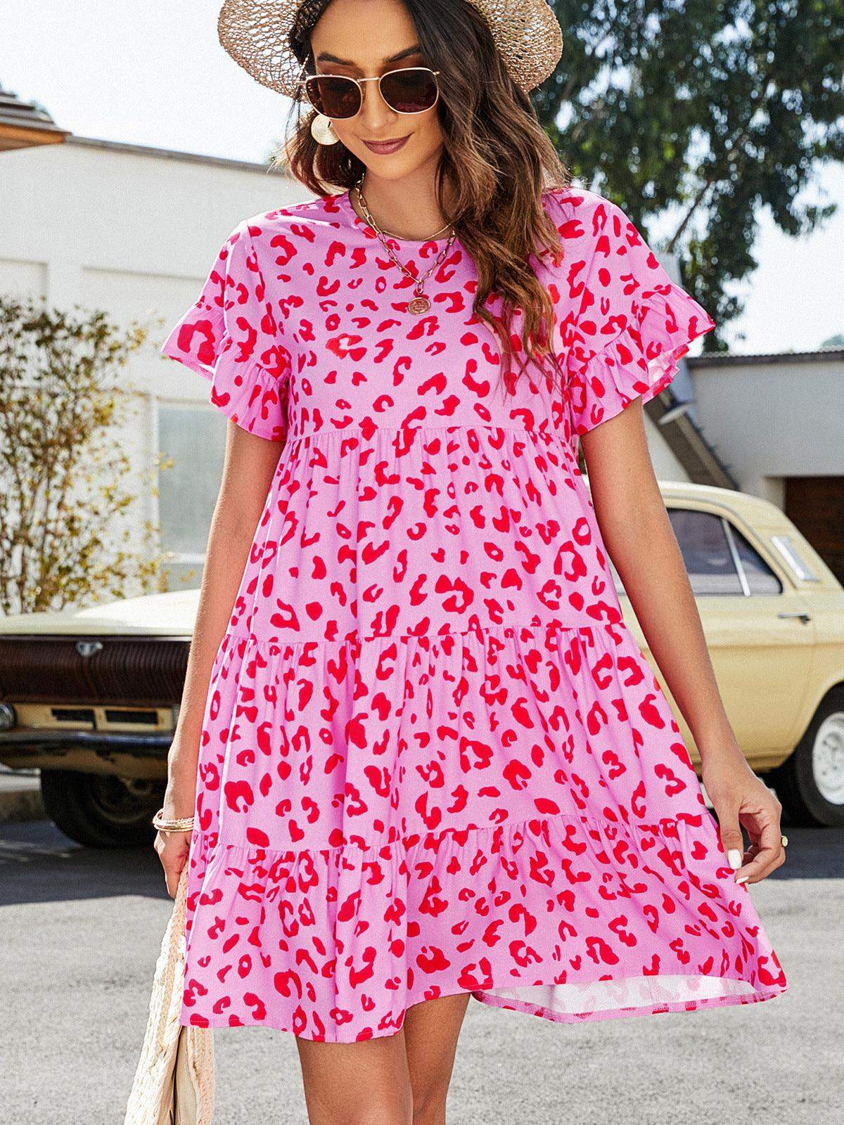 Leopard Short Flounce Sleeve Tiered Dress - Trendsi - Flyclothing LLC