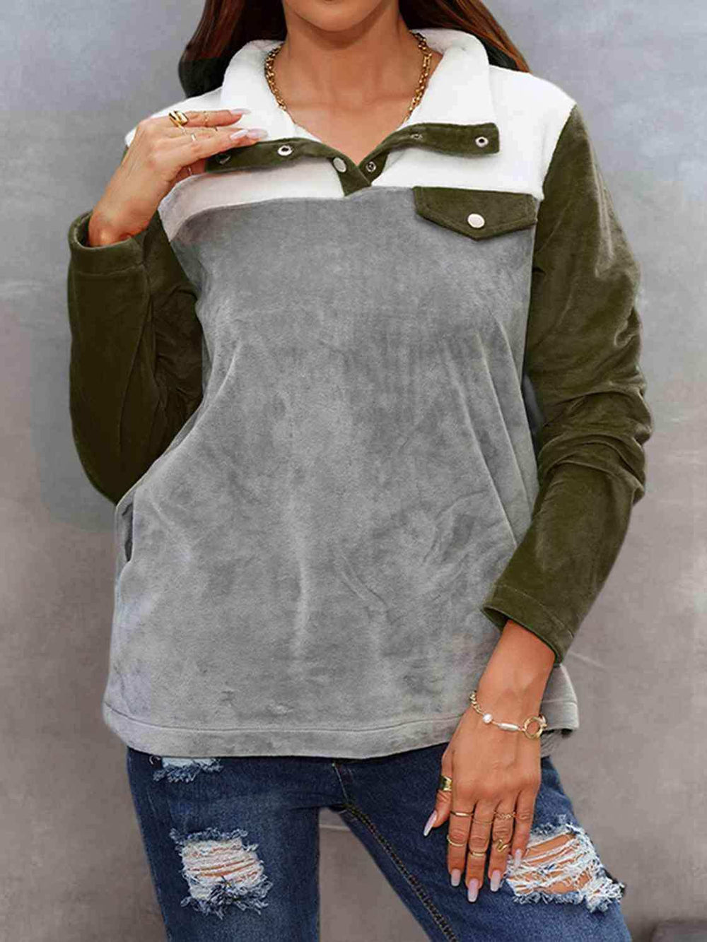 Color Block Collared Sweatshirt with Pockets - Trendsi - Flyclothing LLC