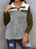 Color Block Collared Sweatshirt with Pockets - Trendsi - Flyclothing LLC