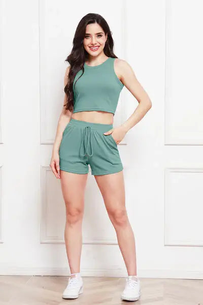 Round Neck Tank and Drawstring Shorts Set - Trendsi - Flyclothing LLC