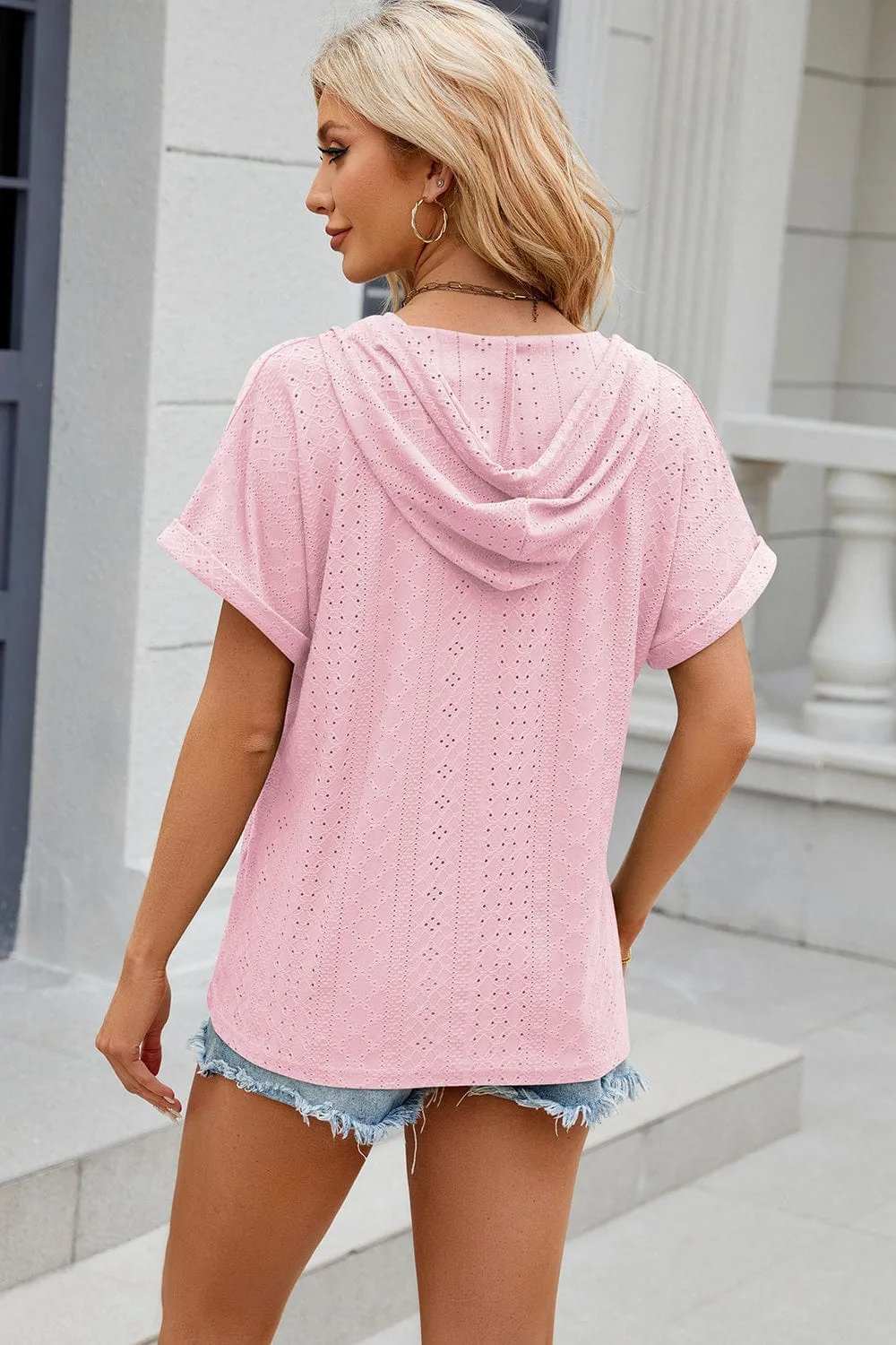 Eyelet Drawstring Hooded Short Sleeve Blouse - Trendsi - Flyclothing LLC