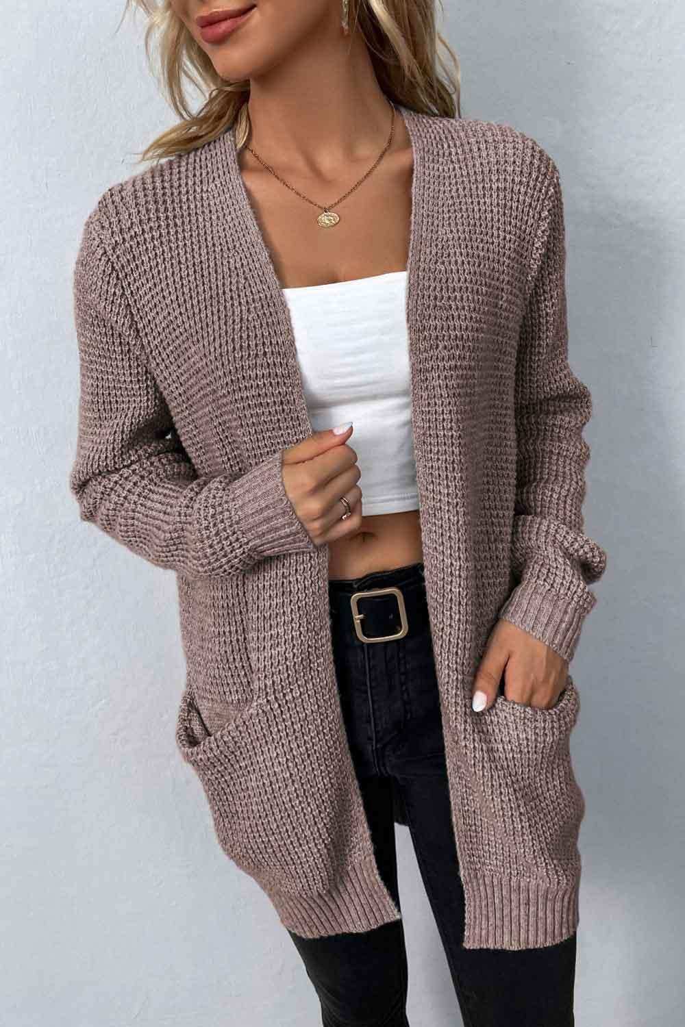 Rib-Knit Open Front Pocketed Cardigan - Trendsi - Flyclothing LLC