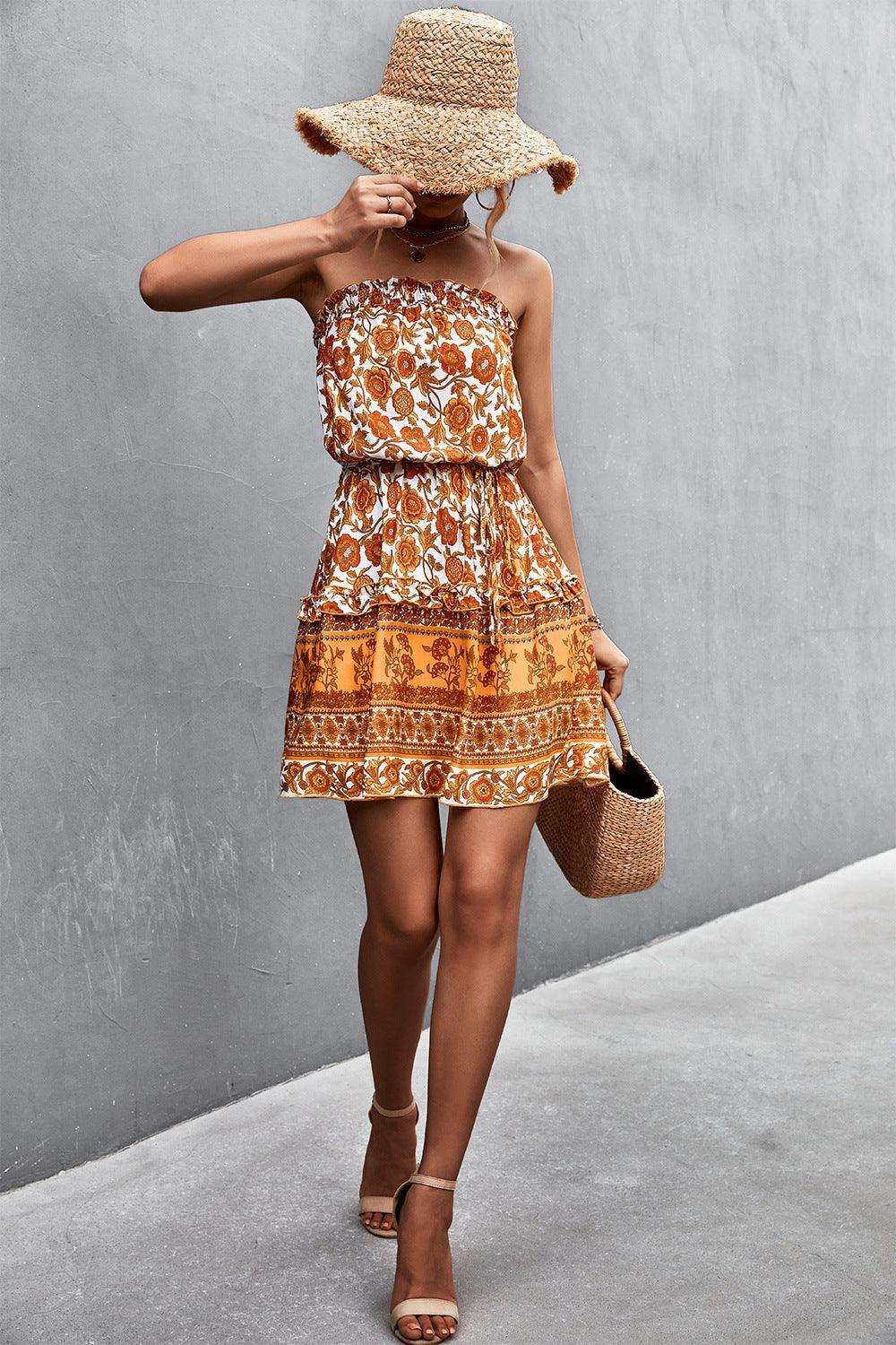 Bohemian Frill Trim Strapless Dress - Trendsi - Flyclothing LLC