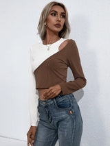 Croopped Contrast Color Round Neck Short Sleeve Tee - Trendsi - Flyclothing LLC