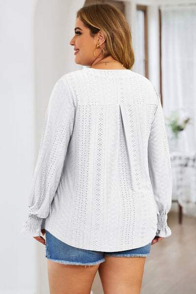 Plus Size Eyelet Notched Flounce Sleeve Blouse - Trendsi - Flyclothing LLC