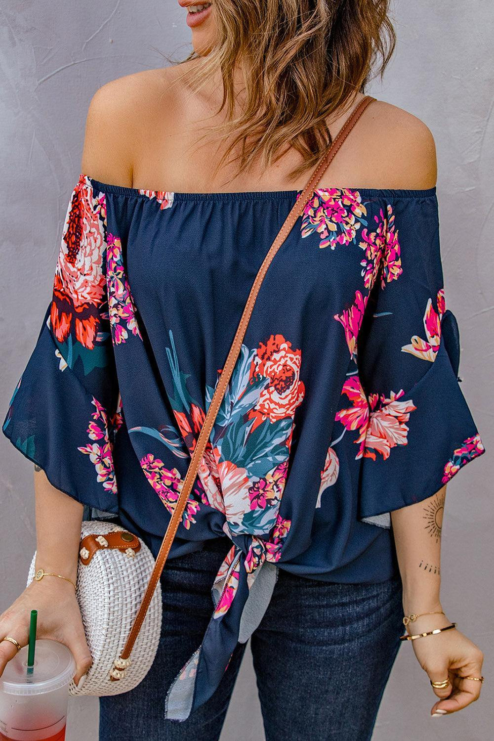Printed Off-Shoulder Flounce Sleeve Top - Trendsi