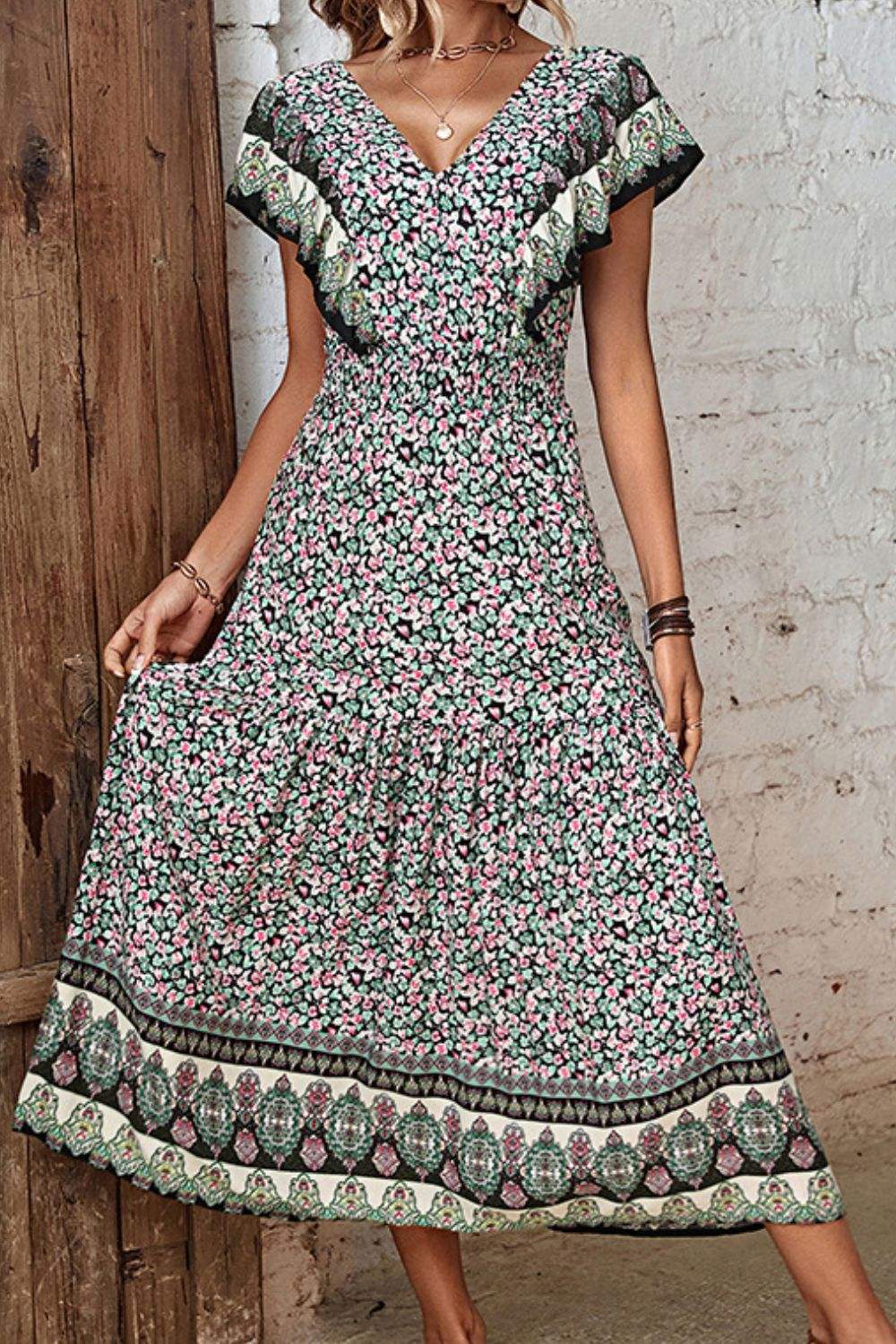 Ditsy Floral Ruffled Plunge Dress - Trendsi - Flyclothing LLC