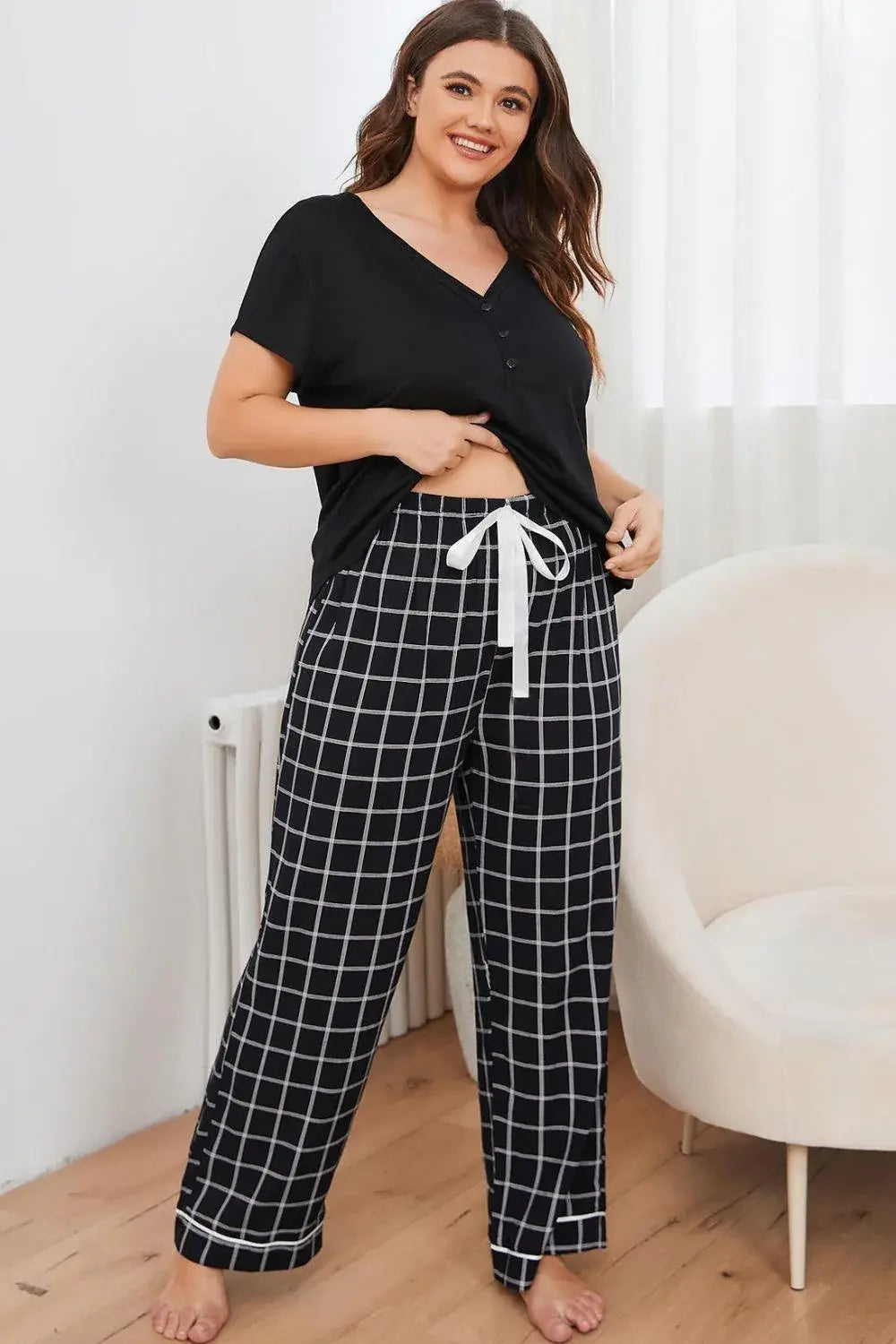 Plus Size V-Neck Top and Plaid Pants Lounge Set - Trendsi - Flyclothing LLC