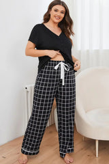 Plus Size V-Neck Top and Plaid Pants Lounge Set - Trendsi - Flyclothing LLC
