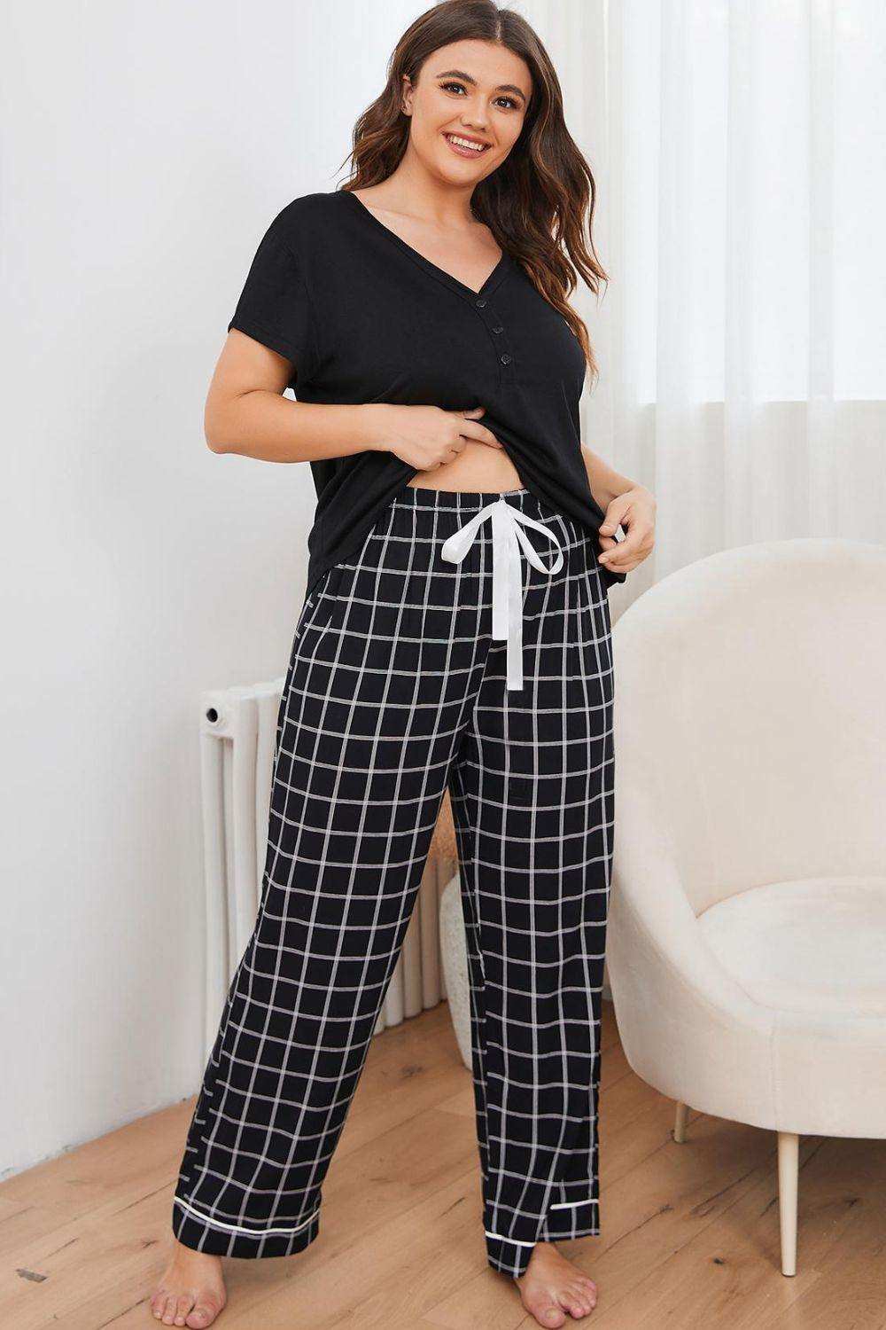 Plus Size V-Neck Top and Plaid Pants Lounge Set - Trendsi - Flyclothing LLC