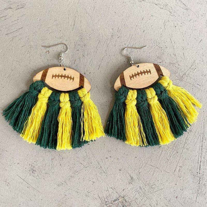 Fringe Detail Football Shape Wooden Dangle Earrings - Trendsi - Flyclothing LLC