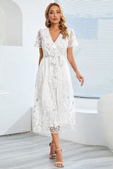 Sequin Leaf Embroidery Tie Front Short Sleeve Dress - Trendsi