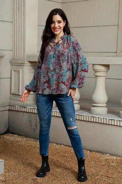 Tie Neck Heathered Balloon Sleeve Blouse - Trendsi - Flyclothing LLC