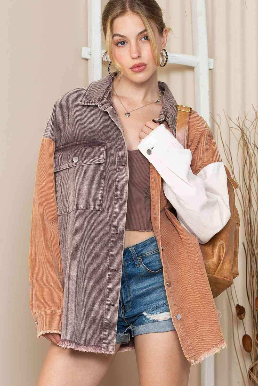 Color Block Collared Neck Jacket - Trendsi - Flyclothing LLC