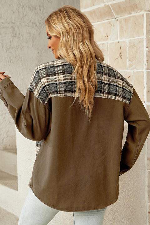 Plaid Collared Denim Jacket - Trendsi - Flyclothing LLC