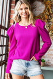 First Love Texture Puff Sleeve Round Neck Blouse - Trendsi