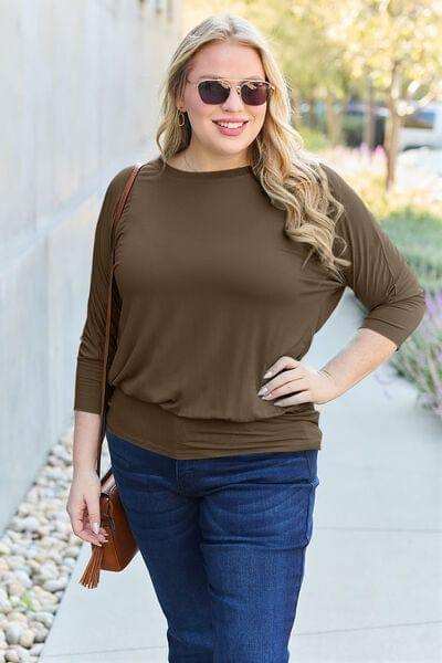 Basic Bae Full Size Round Neck Batwing Sleeve Blouse - Trendsi - Flyclothing LLC