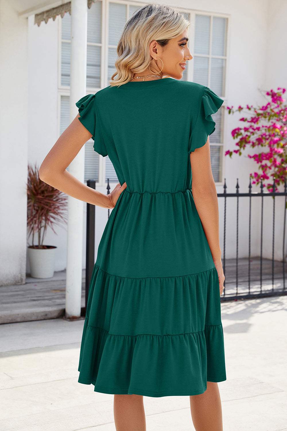 Ruched Notched Cap Sleeve Dress - Trendsi - Flyclothing LLC