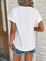 Eyelet Round Neck Short Sleeve T-Shirt - Trendsi