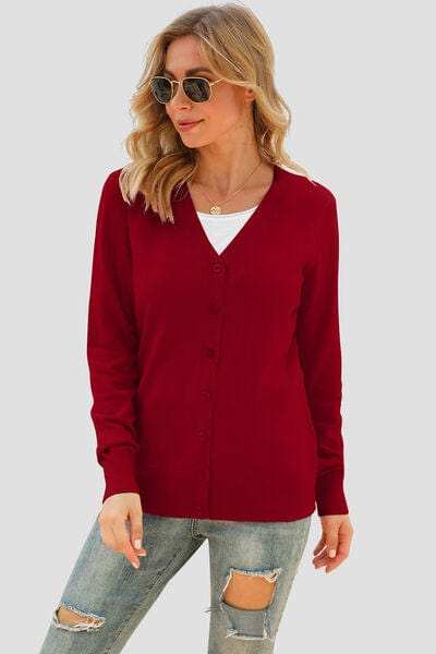 Button Up V-Neck Long Sleeve Cardigan - Trendsi - Flyclothing LLC