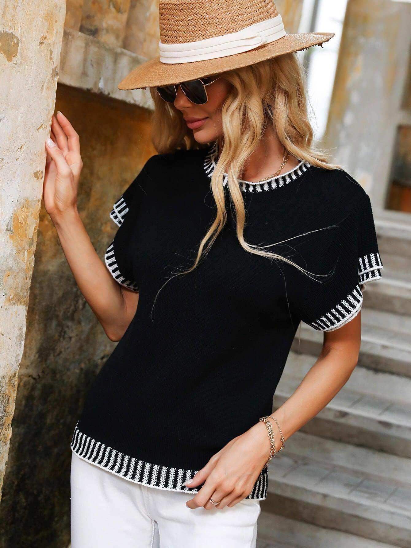 Contrast Round Neck Short Sleeve Knit Top - Trendsi - Flyclothing LLC