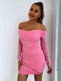Glitter Ruched Off-Shoulder Long Sleeve Bodycon Dress - Trendsi - Flyclothing LLC