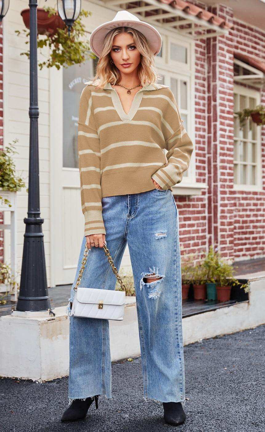 Striped Dropped Shoulder Notched Neck Knit Top - Trendsi - Flyclothing LLC