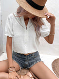Swiss Dot Buttoned Puff Sleeve Blouse - Trendsi
