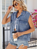 Pocketed Button Up Sleeveless Denim Jacket - Trendsi
